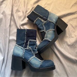 Rampage Patchwork Denim Block Heel Ankle Boots - Blue